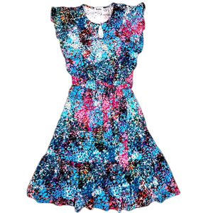 NWOT LEOTA women Colorful Abstract print sleeveless ruffle mini dress size small